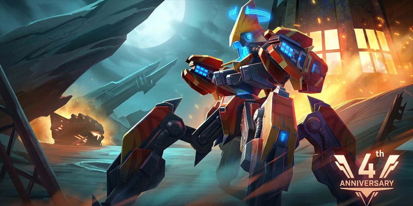 Čtyřnohý bojový mech na propagačním obrázku ke 4. výročí Mech Arena.