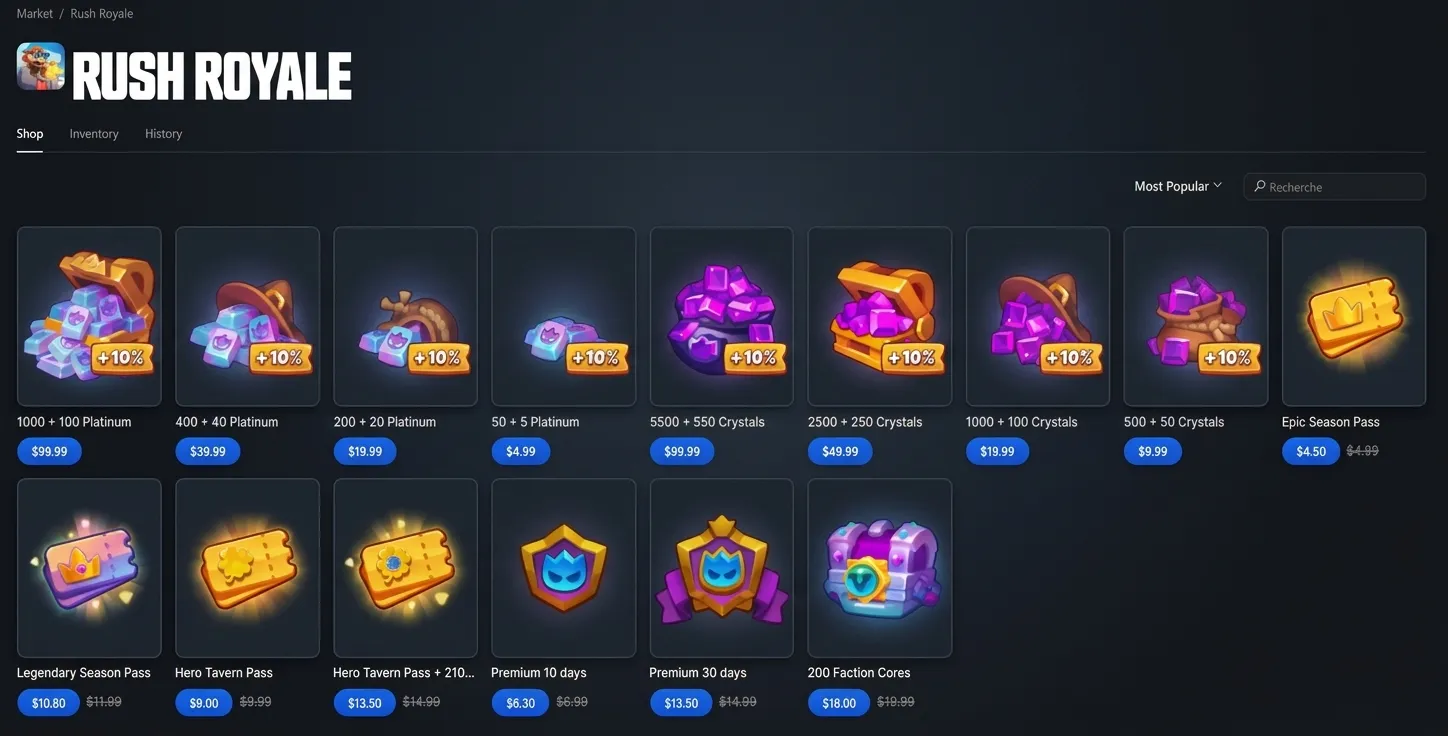 Rozhraní online obchodu Rush Royale s balíčky herních měn, sezónními permanentkami a prémiovými bonusy.