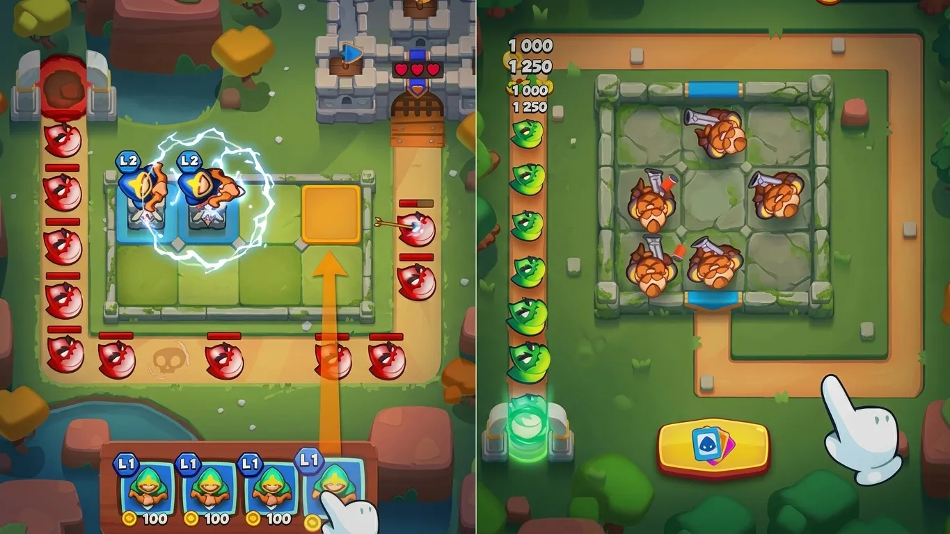 Bojová obrazovka Rush Royale s jednotkami vyloženými na kompaktní mřížce 3 × 5, zatímco se k hradu blíží monstra.