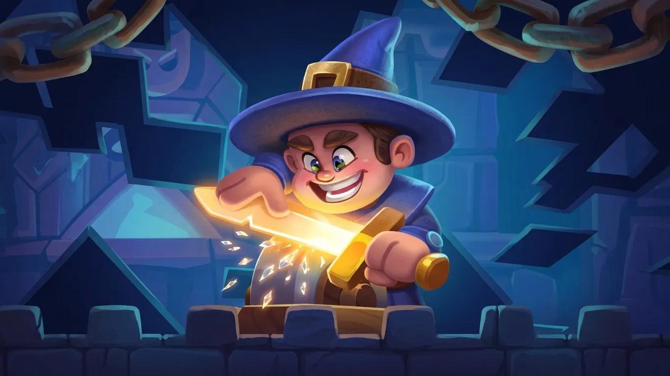 Ilustrace z Rush Royale se smějícím se kouzelníkem, který na brusném kotouči ostří zářící zlatý meč.