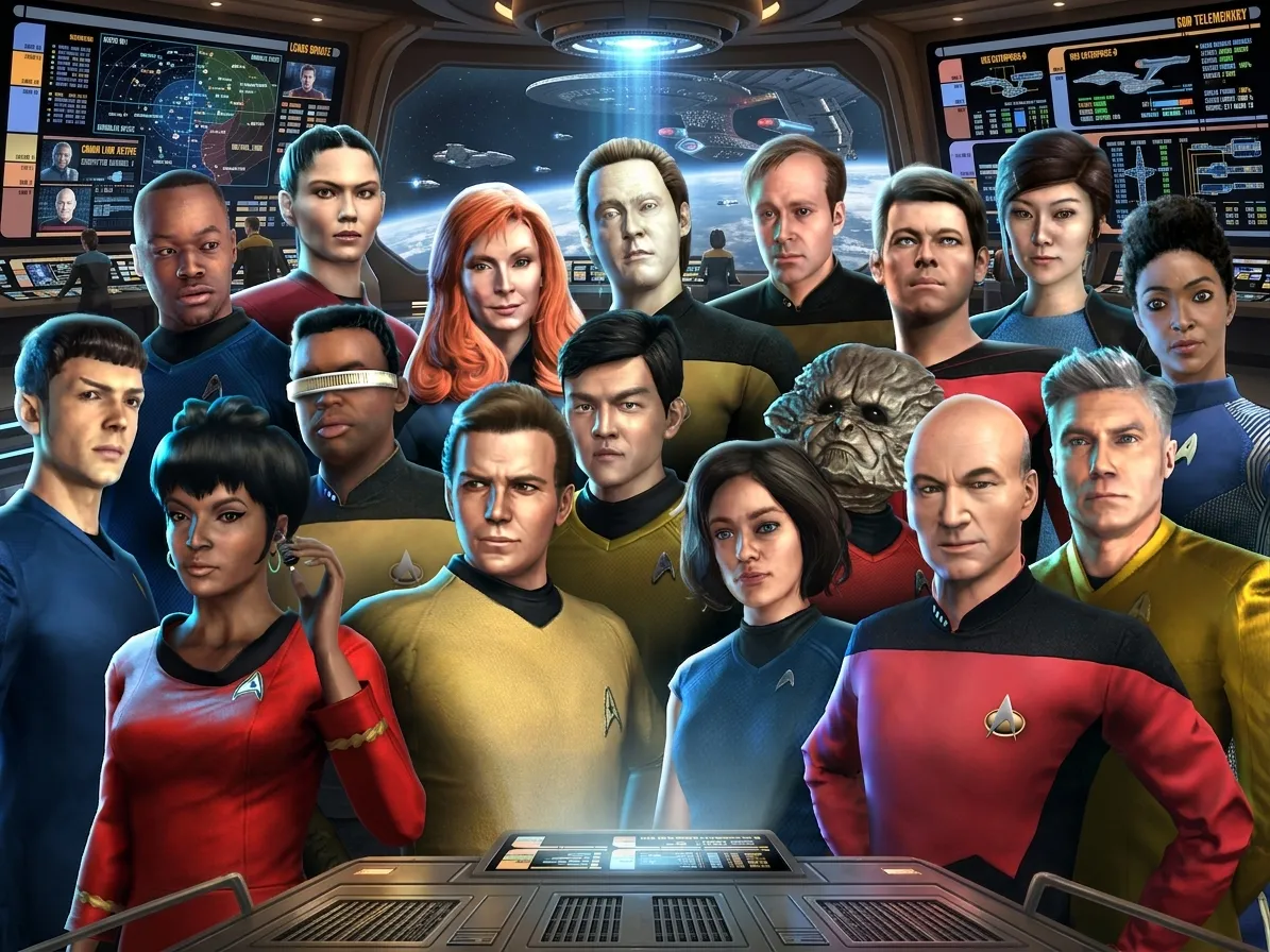 Star Trek Fleet Command cast art featuring characters across Star Trek series including Kirk, Spock, Picard, Data, and Georgiou