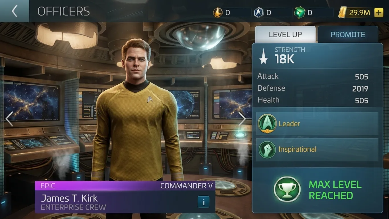 Star Trek Fleet Command officer detail screen for James T. Kirk showing strength, attack, defense, health, and abilities