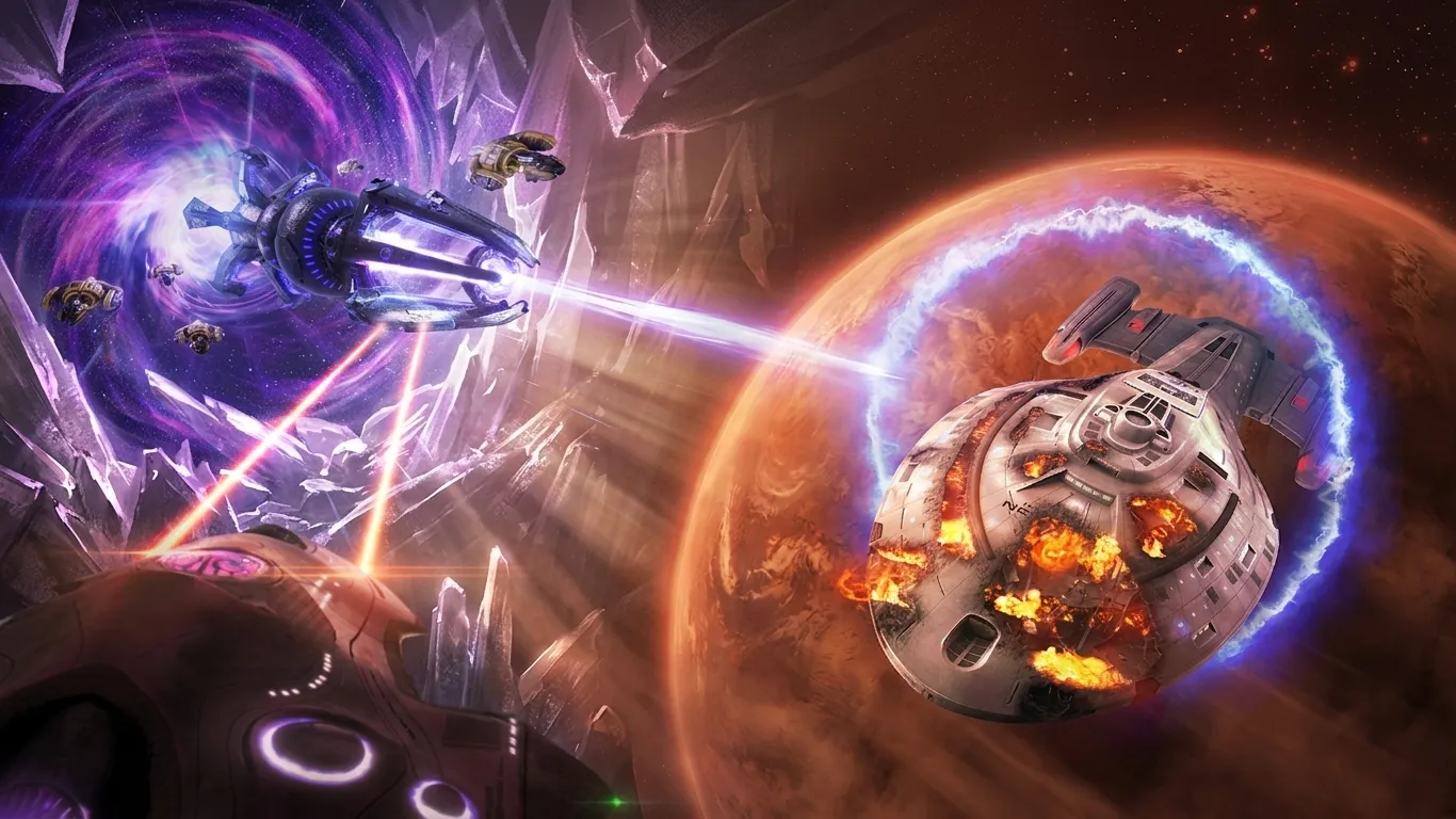 Multiple starships trading fire in open space beside a planet during a fleet battle