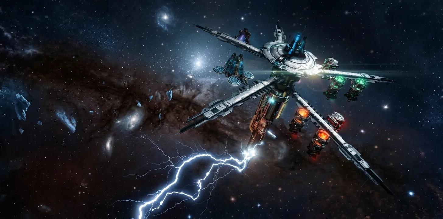 A Star Trek Fleet Command starbase station suspended in space against a glowing nebula