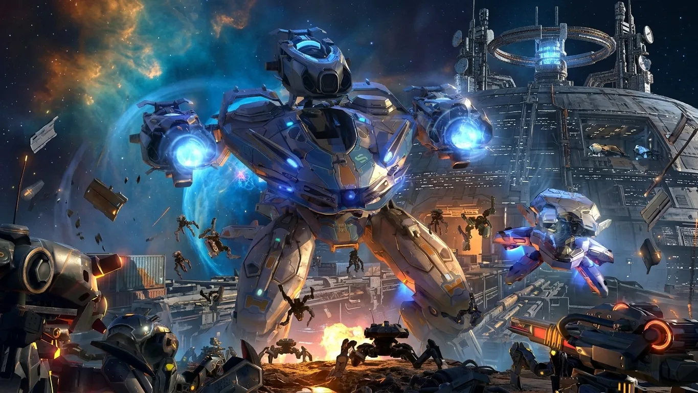 Raskaasti aseistettu War Robots -ryhmä etenee taistelukentällä
